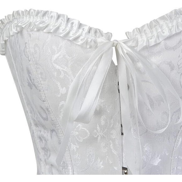 Pin Up White Jacquard Floral Lace Up Boned Frilly Corset Bustier Top S - Picture 3 of 16